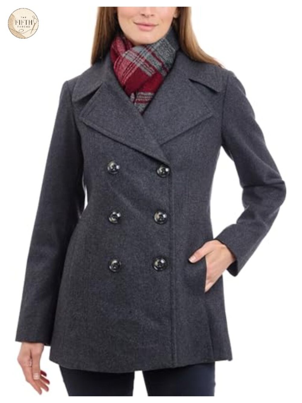Double Breasted Peacoat with Scarf Blended Fabric Patch Pockets